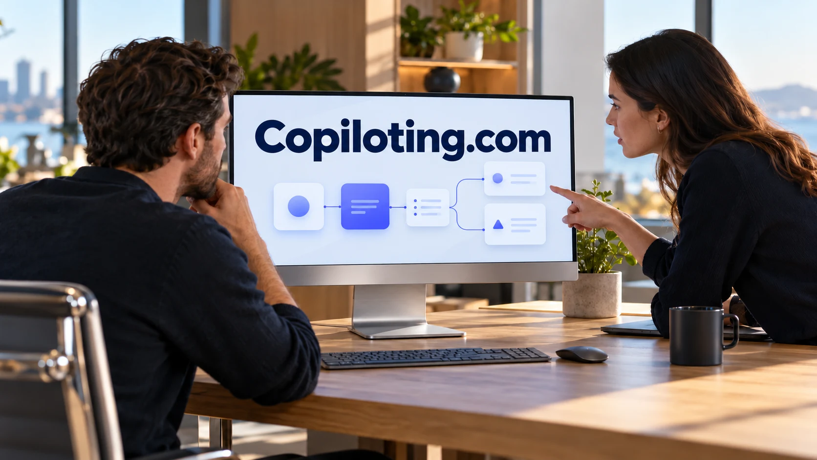 A team reviewing a shared AI workflow under the Copiloting.com identity